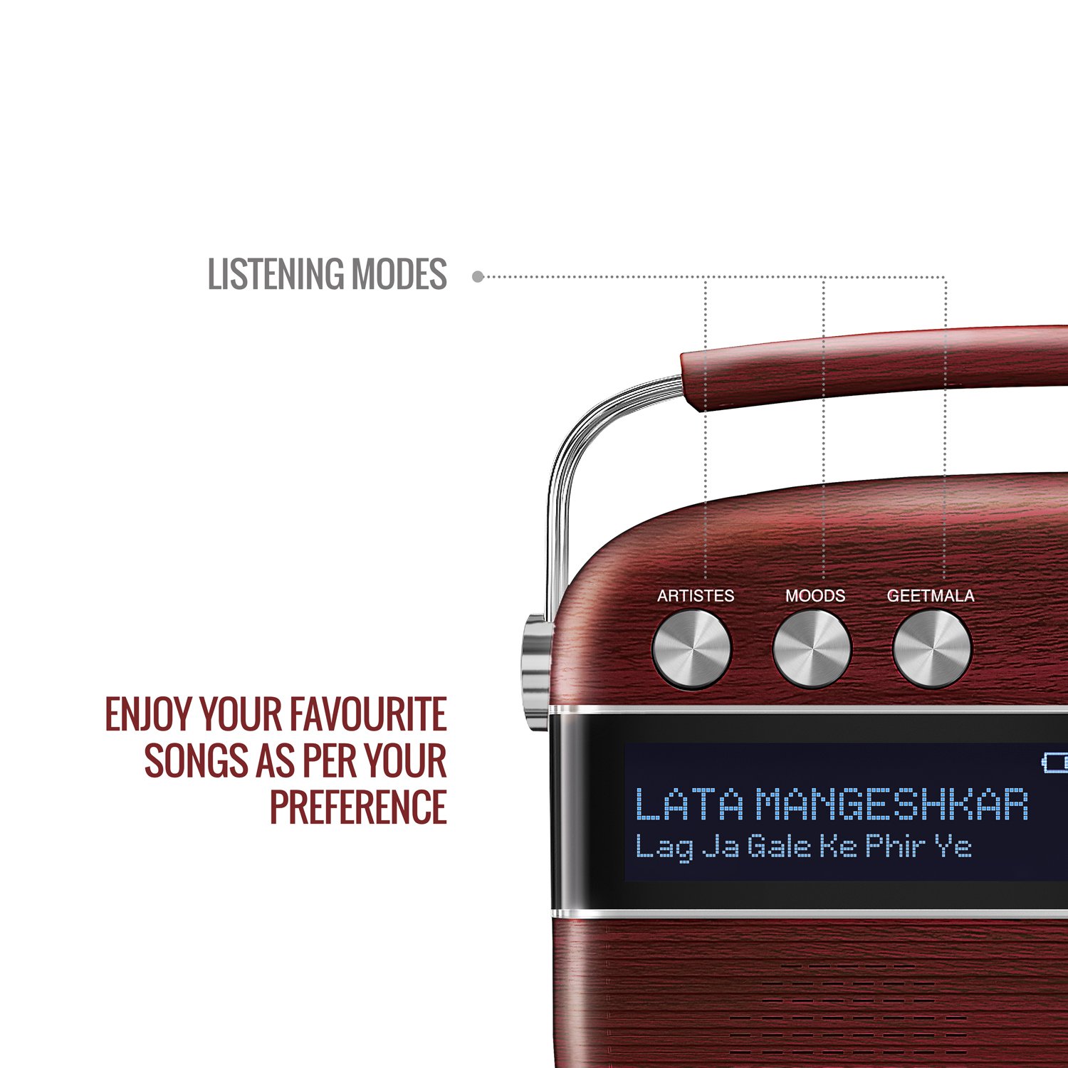 Saregama Carvaan Hindi - Portable Music Player with 5000 Preloaded Songs, FM/BT/AUX (Cherrywood Red) - View 3
