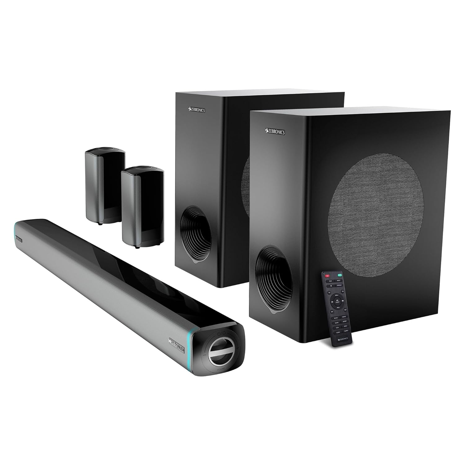 ZEBRONICS Juke bar 9550 pro 5.2 Soundbar (625 Watts), Dolby Audio, Dual Wireless Subwoofer & Satellite, BT v5.3, HDMI ARC, Optical, Powerful Bass, RGB LED Lights, Wall Mountable