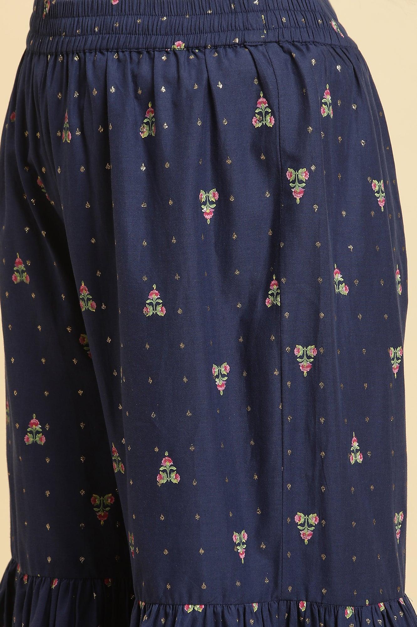 Blue Floral Printed Kurta, Sharara And Dupatta Set - View 7