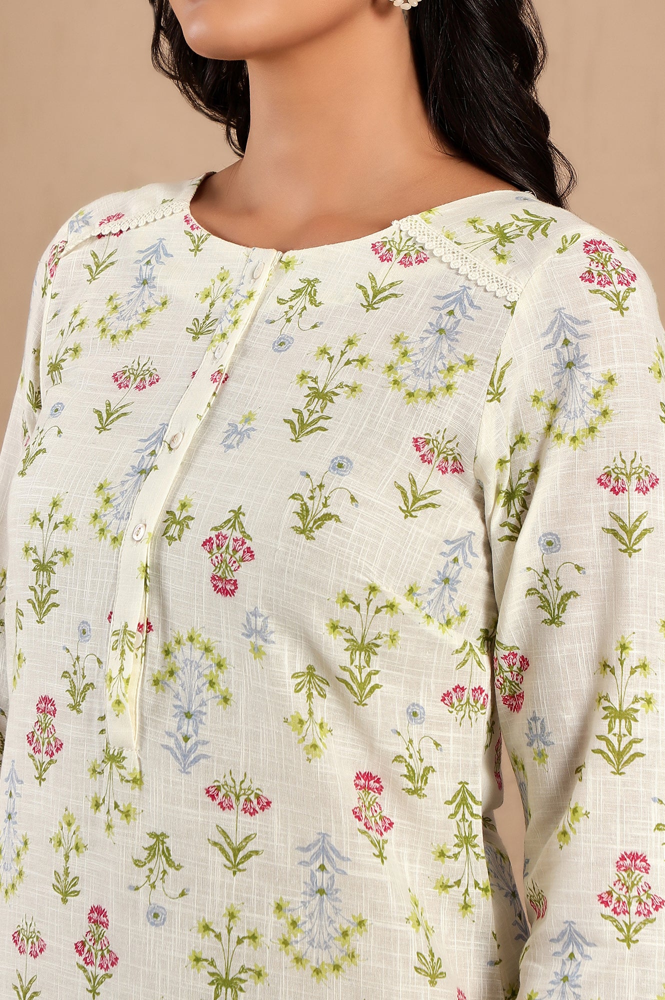 White Floral Printed Pure Cotton Straight Kurta and Pants Co-ord Set - View 5