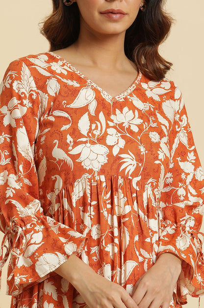 Dark Orange Floral Printed Kurta & Pants Co-Ord Set - View 2