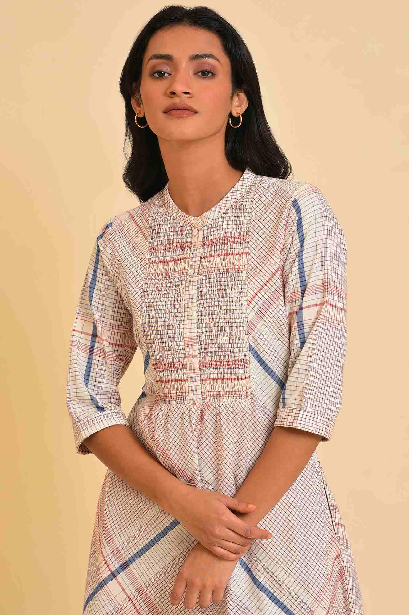 Ecru Bold Checks A-Line kurta &amp; Pants Co-Ord Set - View 5