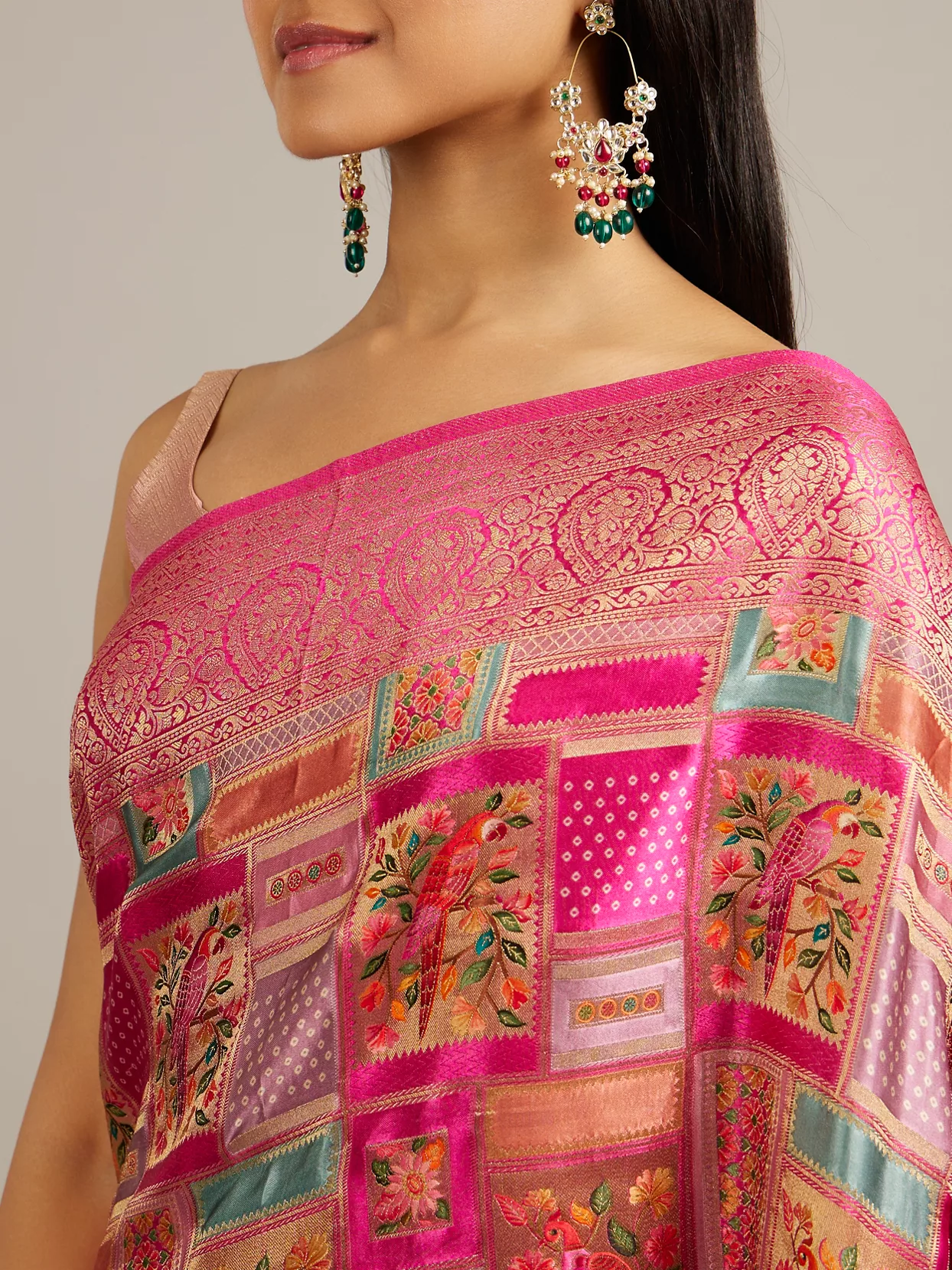 Rani Pink Grid Patterned Saree with Peacock Motifs - View 2
