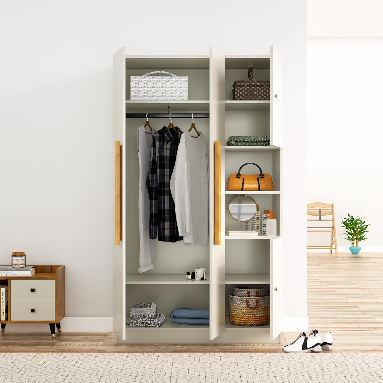 Bniture Wooden Almirah for Clothes, Door for Bedroom, 4 Door Wardrobe with Hanging Space (50D x 105W x 180H CM) |3 Year Warranty (Frosty White) - View 3