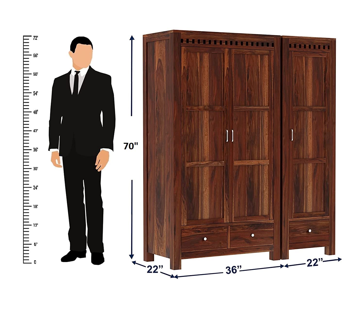WOODLAB Furniture Sheesham Wood 3 Door Wardrobe Storage with 3 Drawers Wooden Multipurpose Almirah for Home Living Room - Natural Finish - View 2