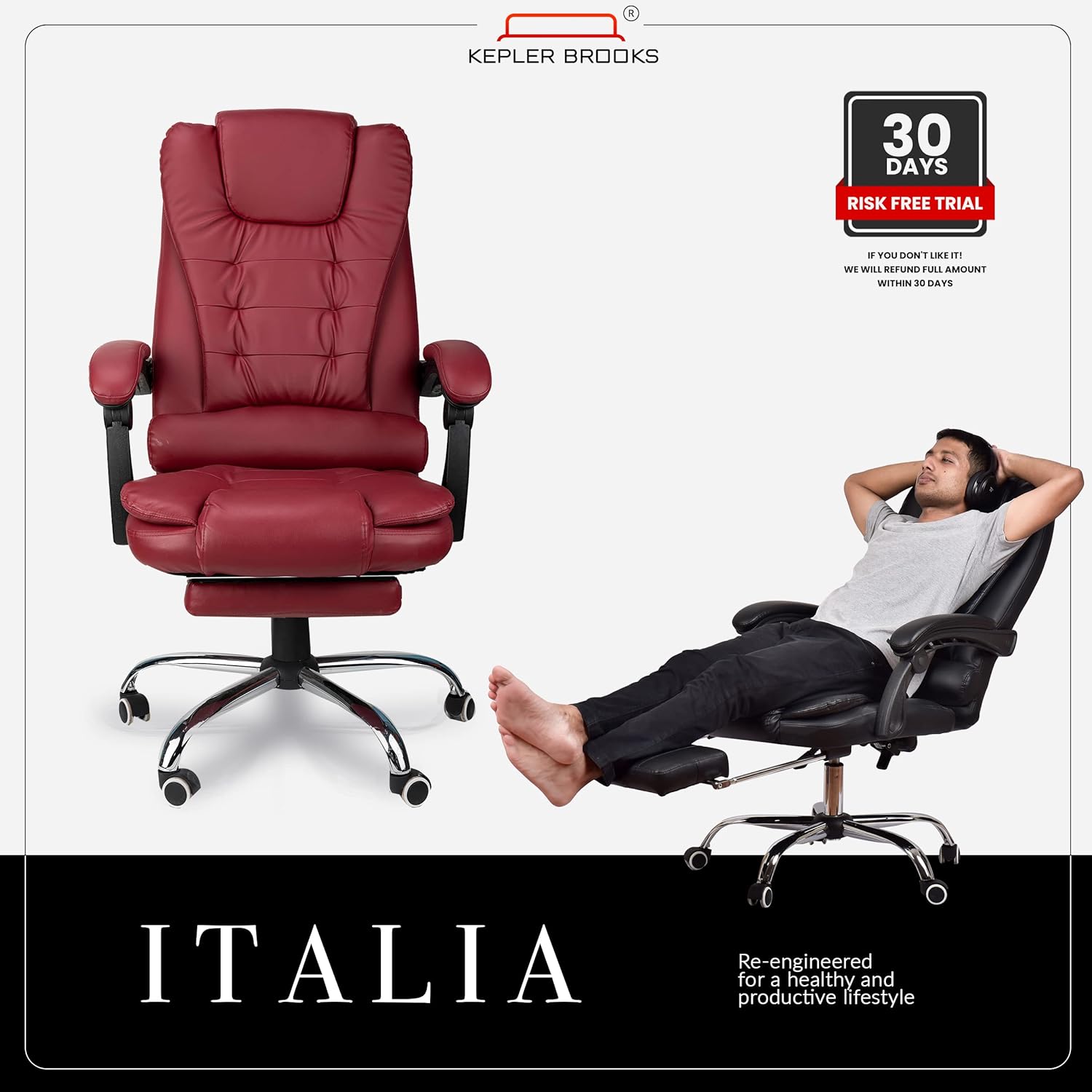 Premium Leatherette Office Chair for Work | 3-Years Warranty | Boss Chair for Office, Ergonomic Executive Chair, Cushioned Arms & Seat, Leg Rest, Heavy Duty Metal Base (Burgundy) - View 2