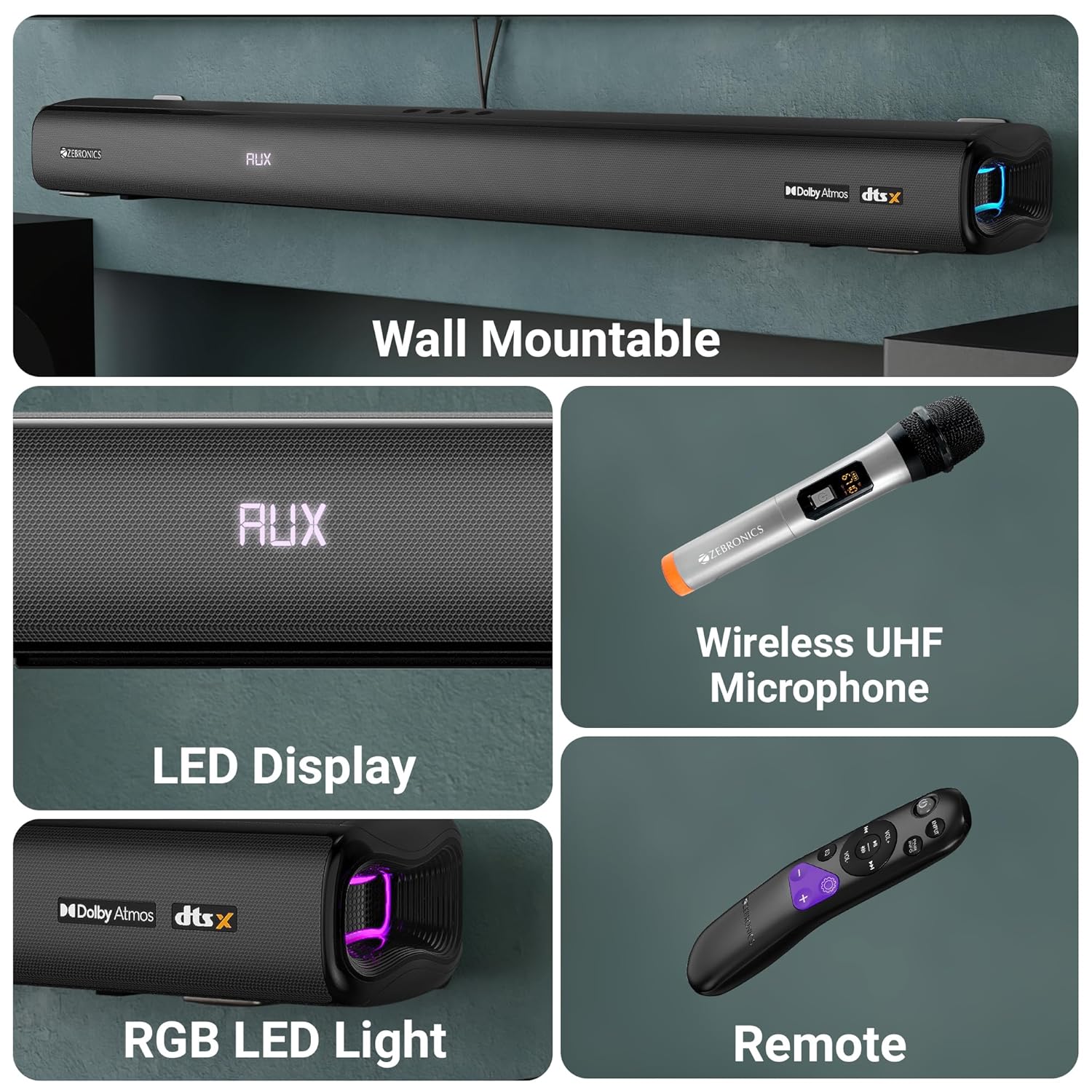ZEBRONICS Juke BAR 9900 Soundbar, 725 Watts, DTS X, Dolby Atmos, 5.2.4 CH, 2X Wireless (Subwoofer &amp; Satellites), BT v5.3 | HDMI eARC | Optical in | AUX | USB, RGB LED, Wireless UHF Mic, Deep Bass - View 2