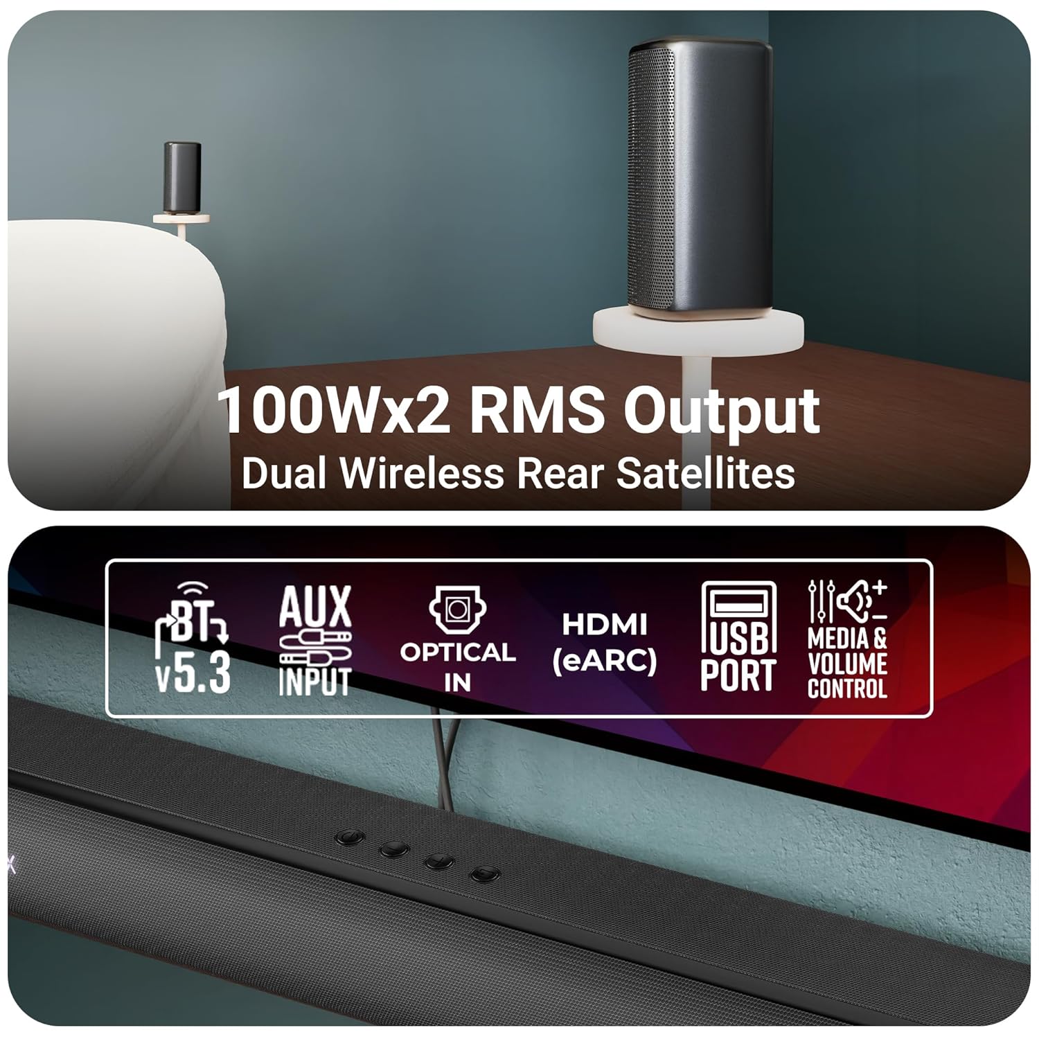 ZEBRONICS Juke BAR 9900 Soundbar, 725 Watts, DTS X, Dolby Atmos, 5.2.4 CH, 2X Wireless (Subwoofer &amp; Satellites), BT v5.3 | HDMI eARC | Optical in | AUX | USB, RGB LED, Wireless UHF Mic, Deep Bass - View 3