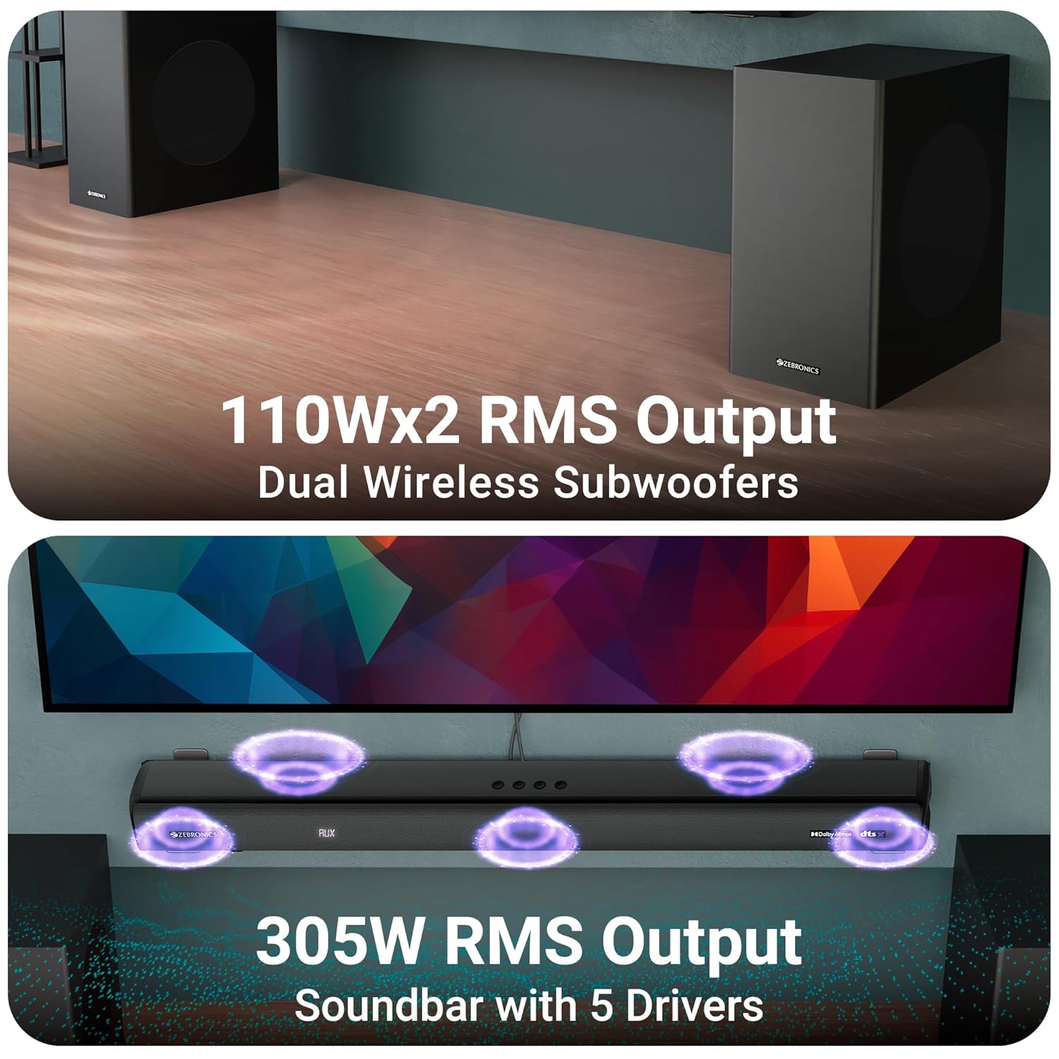 ZEBRONICS Juke BAR 9900 Soundbar, 725 Watts, DTS X, Dolby Atmos, 5.2.4 CH, 2X Wireless (Subwoofer &amp; Satellites), BT v5.3 | HDMI eARC | Optical in | AUX | USB, RGB LED, Wireless UHF Mic, Deep Bass - View 4