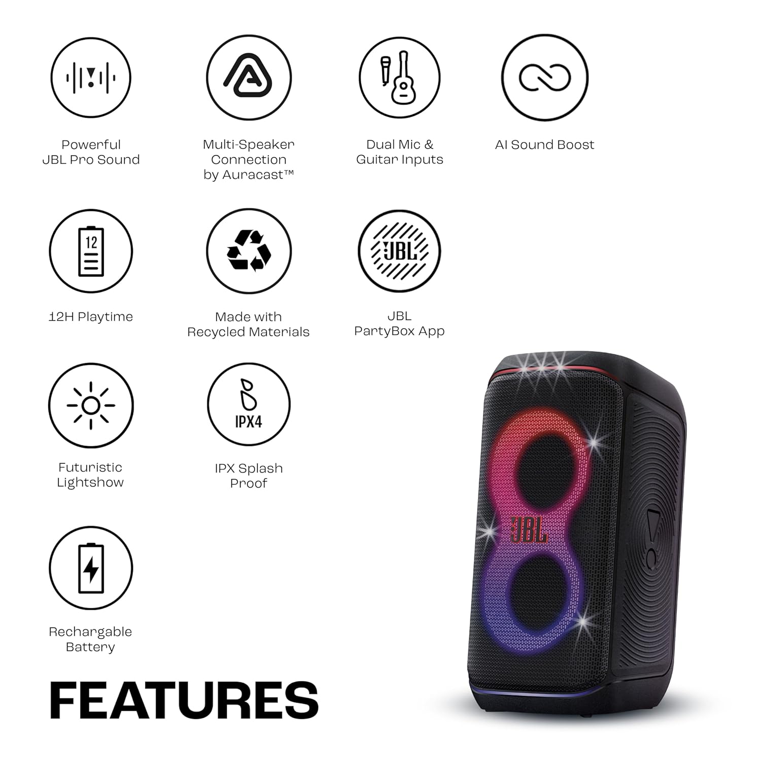 JBL Partybox 120 Wireless Bluetooth 160W Party Speaker, AI Sound Boost, Futuristic Light Show,Upto 12H Runtime,Auracast Multispeaker Support,Guitar+Mic Input - View 9