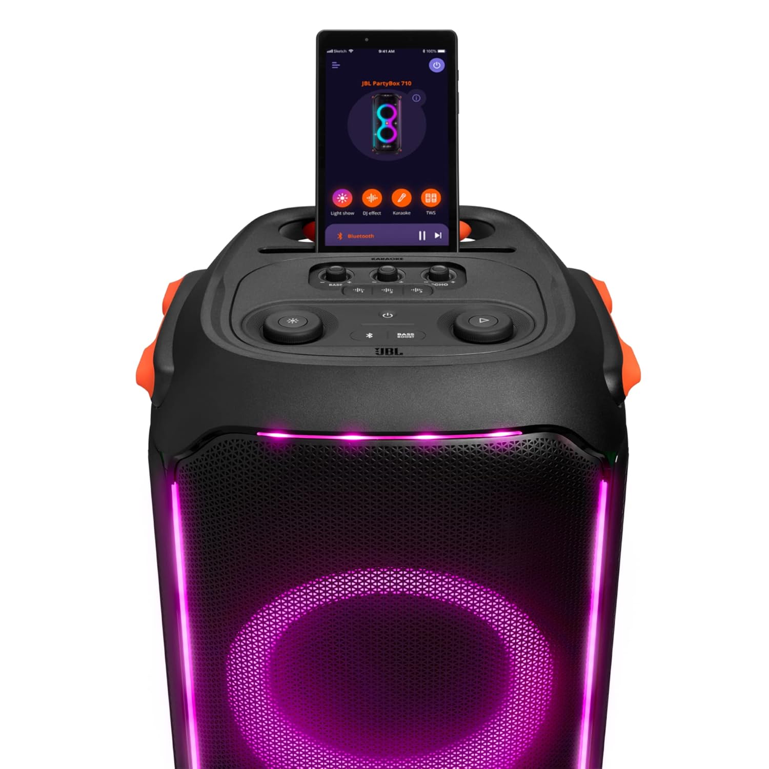 JBL PartyBox 710 Bluetooth Party Speaker with Dynamic Music Synced Flashing Club Pattern Lightshow, Pro Sound, Splashproof, PartyBox App Personalisation,Guitar and Mic Input(800 Watt RMS, Black) - View 3