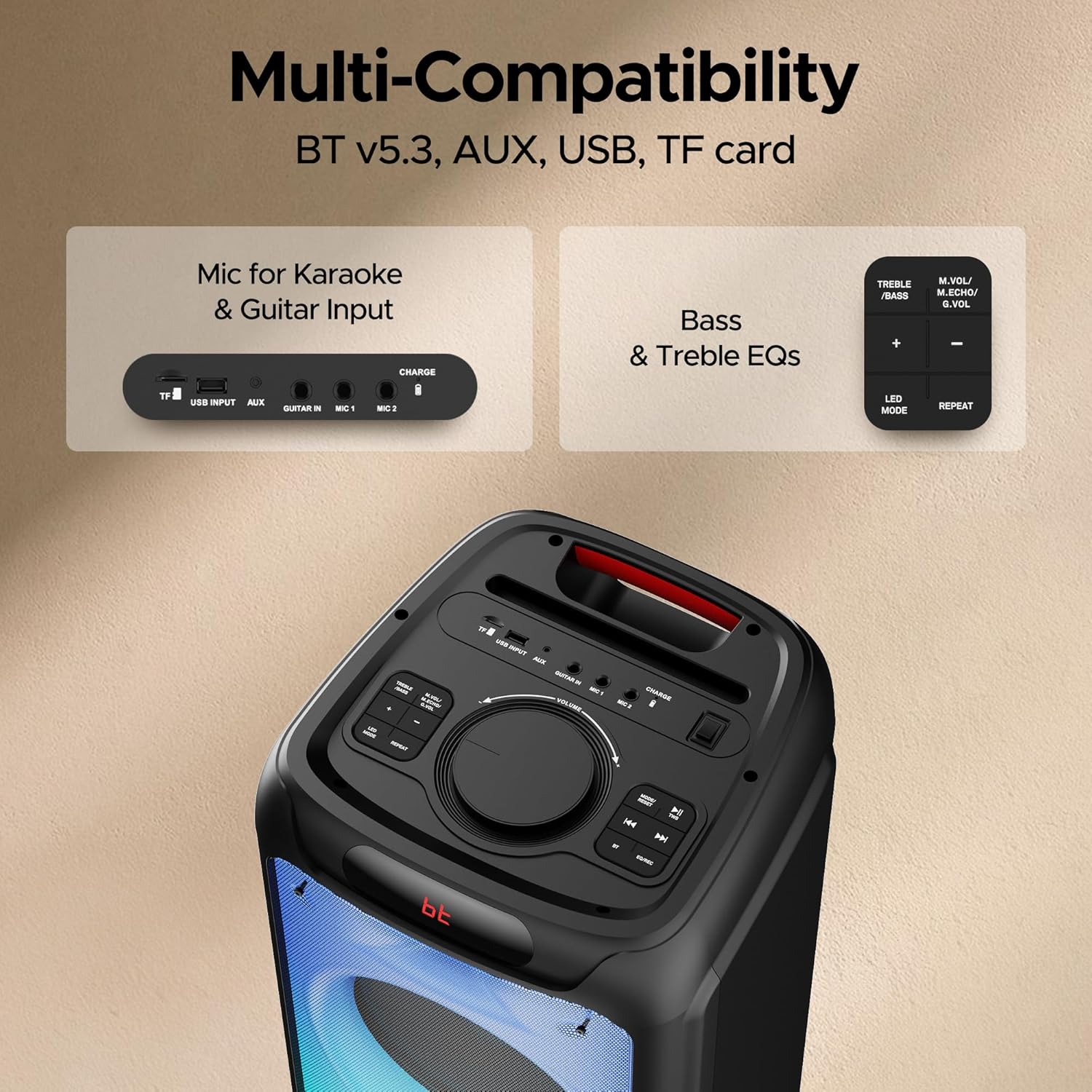 boAt Partypal 390/400 Speaker w/ 160 W Signature Sound, Karaoke with 2 Microphone Input Ports, Up to 6 hrs Playtime, EQ Modes, TWS Mode, Bluetooth v5.3, AUX &amp; USB Type-C Port, Space Black - View 4