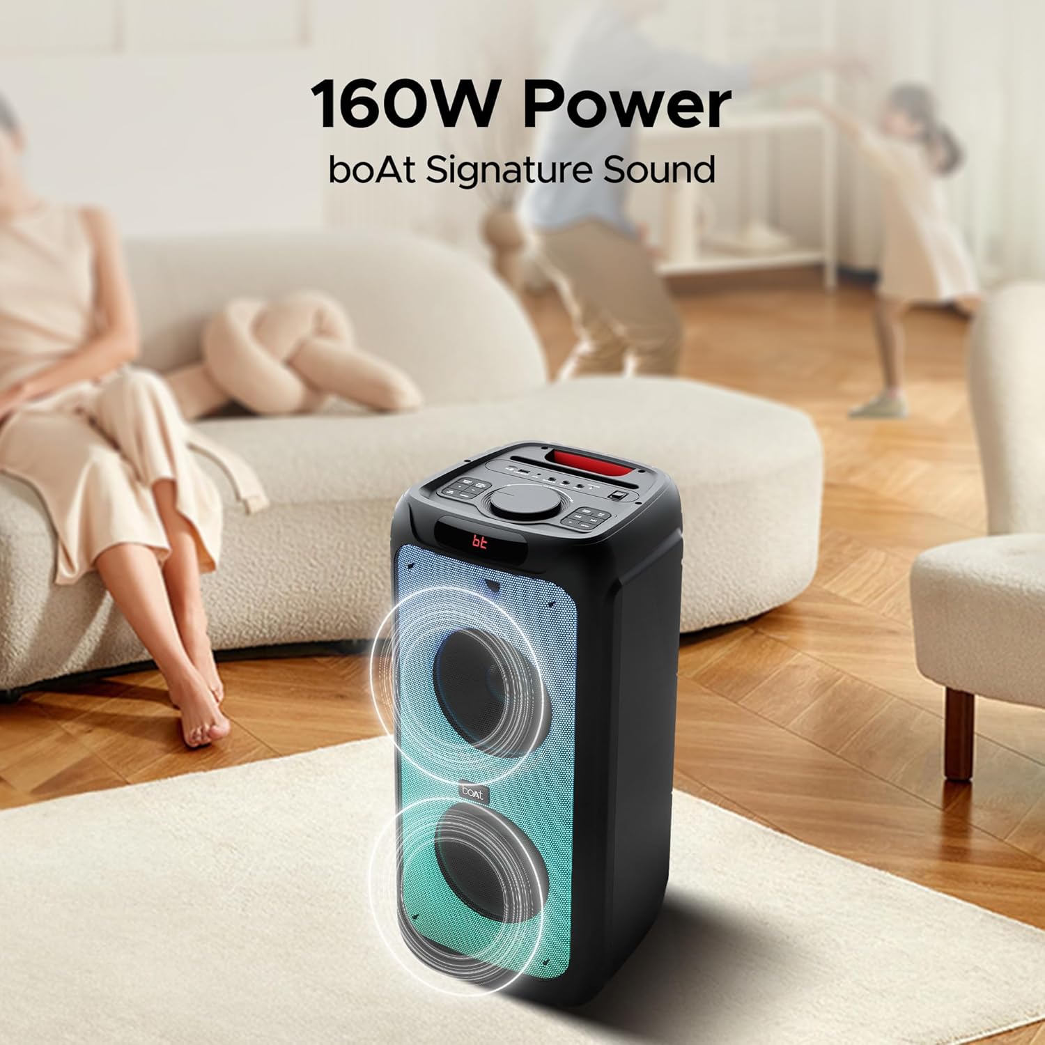 boAt Partypal 390/400 Speaker w/ 160 W Signature Sound, Karaoke with 2 Microphone Input Ports, Up to 6 hrs Playtime, EQ Modes, TWS Mode, Bluetooth v5.3, AUX &amp; USB Type-C Port, Space Black - View 8