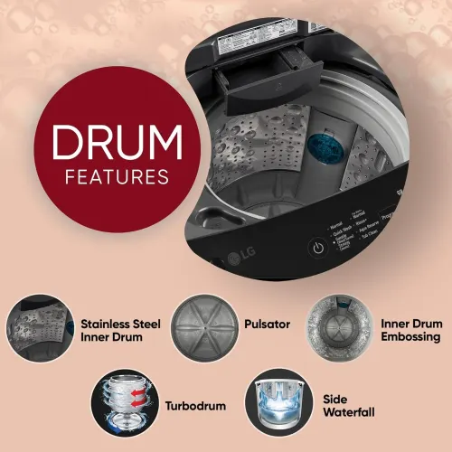 LG 8 Kg Fully Automatic Top Load Washing Machine with TurboDrum | Auto Pre Wash | Auto Restart | Smart Diagnosis | Waterfall Circulation (T80VBMB1Z, Middle Black) - View 5