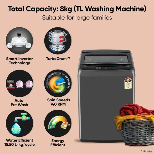LG 8 Kg Fully Automatic Top Load Washing Machine with TurboDrum | Auto Pre Wash | Auto Restart | Smart Diagnosis | Waterfall Circulation (T80VBMB1Z, Middle Black) - View 6