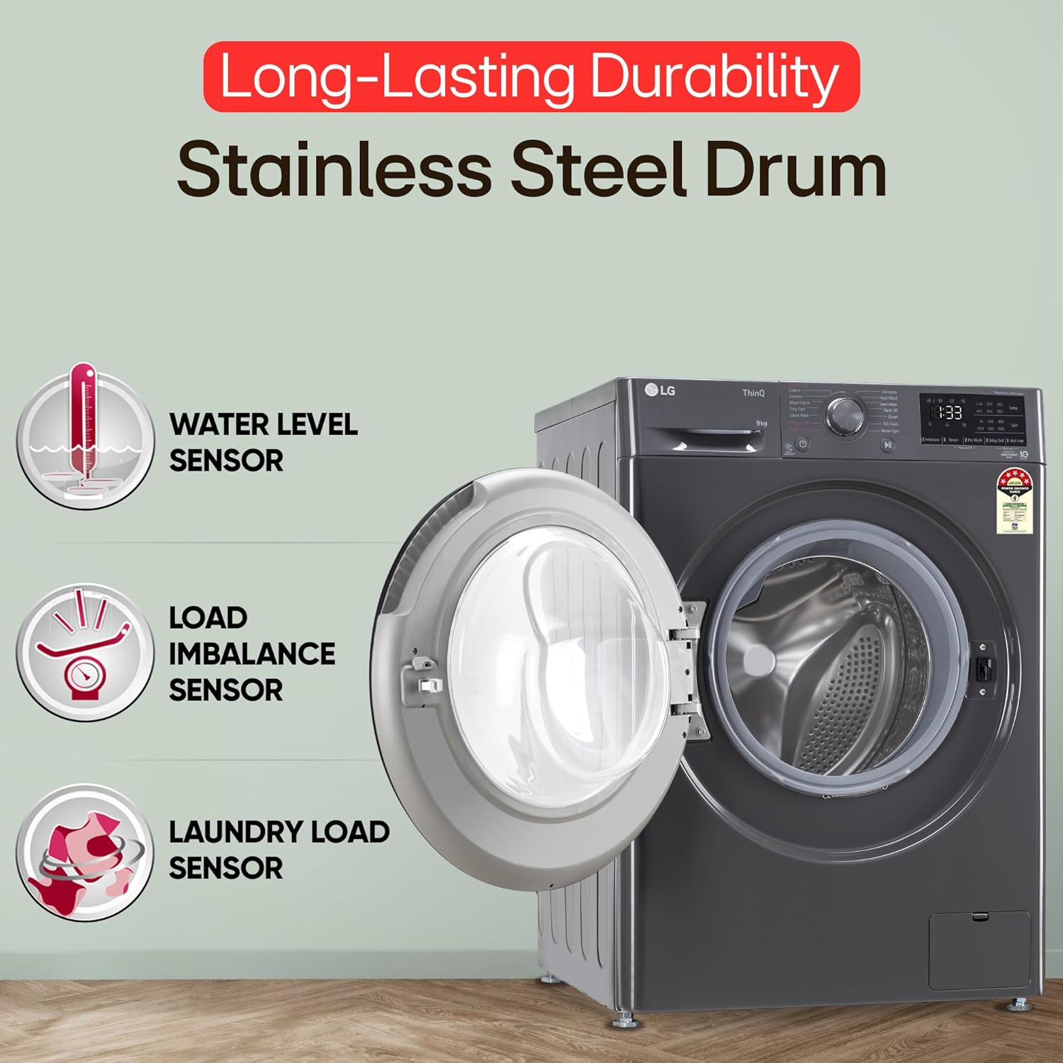 LG Smart Choice, 9 Kg, 5 Star, AI Direct Drive Technology, Steam, 6 Motion DD &amp; Wi-Fi Fully-Automatic Front Load Washing Machine (FHP1209Z5M, Intelligent &amp; Convenient Fabric Care, Middle Black) - View 9
