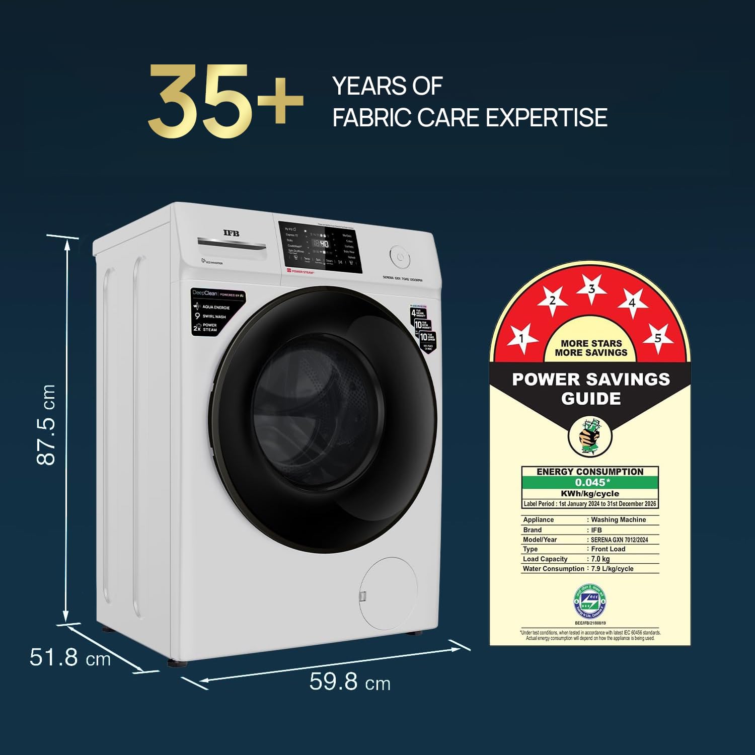 IFB 7 Kg 5 Star, DeepClean® Technology, AI Powered, WiFi, Fully Automatic Front Load Washing Machine (SERENA GXN 7012 CMS, PowerSteam®, 9 Swirl, Steam Refresh, Inbuilt Heater, Eco Inverter, Grey) - View 8