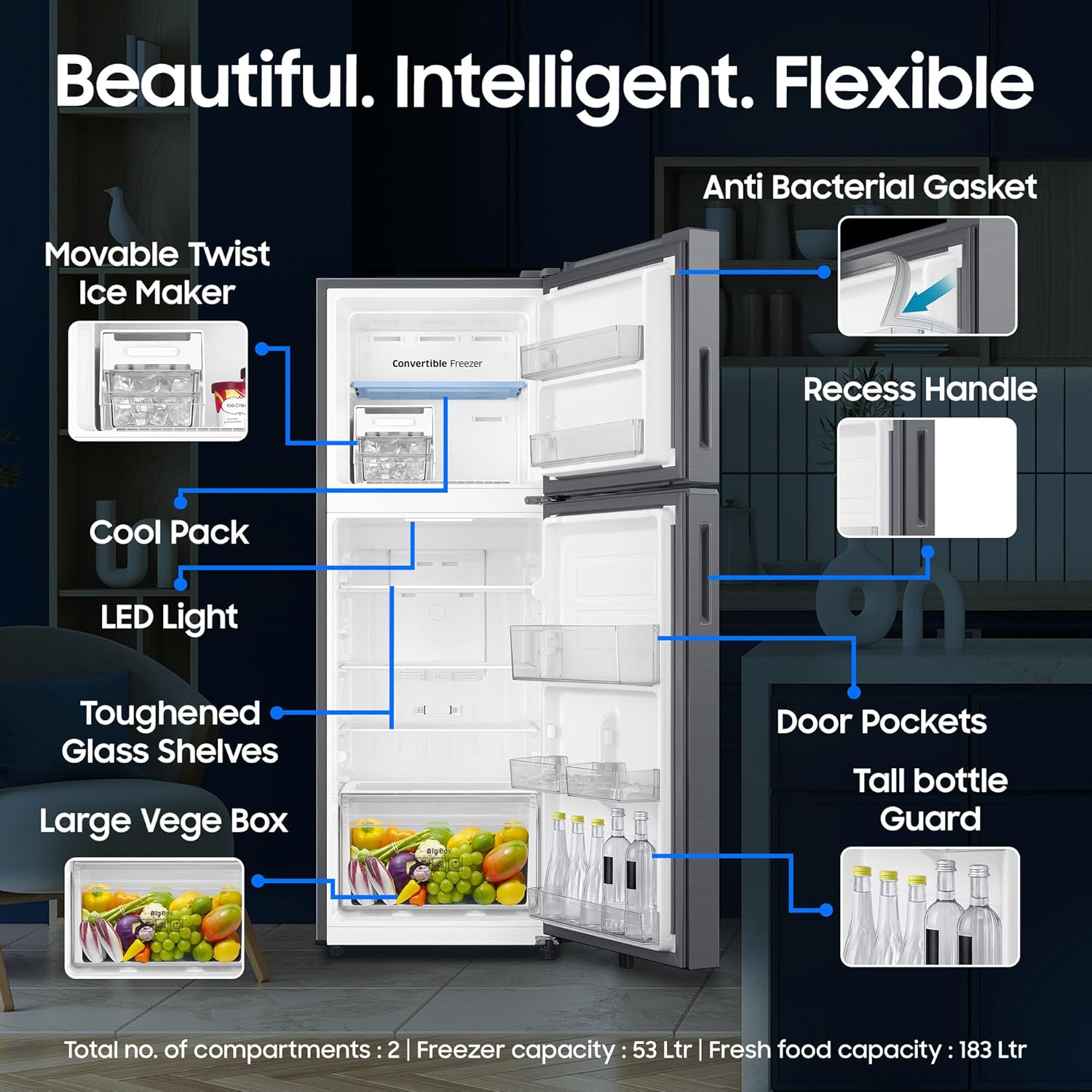 Samsung 236 L, 3 Star, Convertible, Digital Inverter Frost Free Double Door Refrigerator (RT40H28U3THL, Silver, Refined Inox, 2026 Model) - View 5