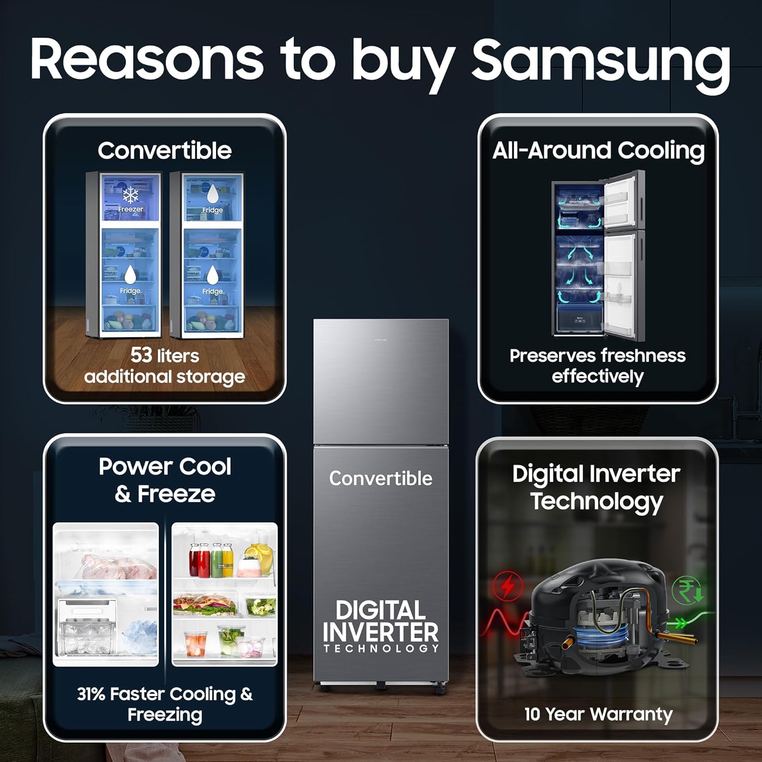 Samsung 236 L, 3 Star, Convertible, Digital Inverter Frost Free Double Door Refrigerator (RT40H28U3THL, Silver, Refined Inox, 2026 Model) - View 6