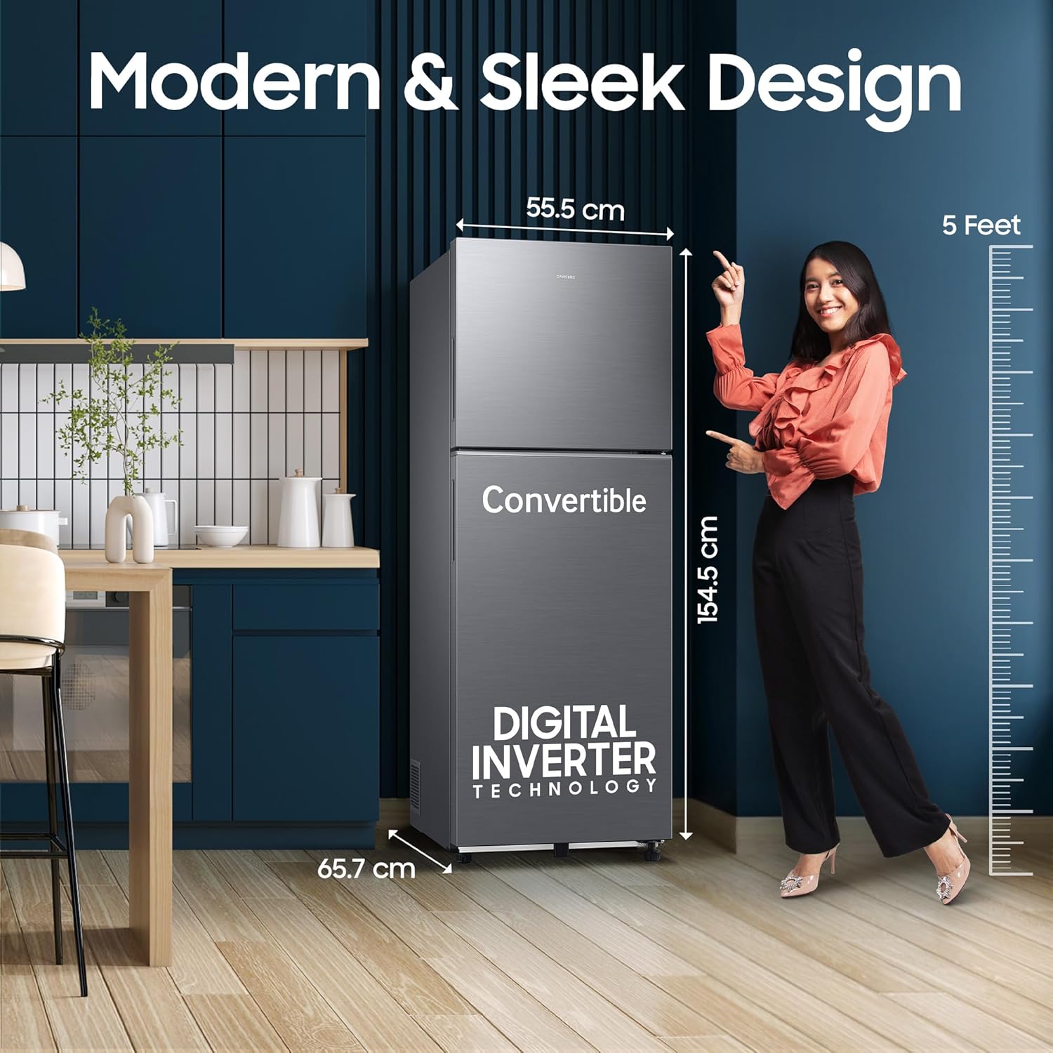 Samsung 236 L, 3 Star, Convertible, Digital Inverter Frost Free Double Door Refrigerator (RT40H28U3THL, Silver, Refined Inox, 2026 Model) - View 8