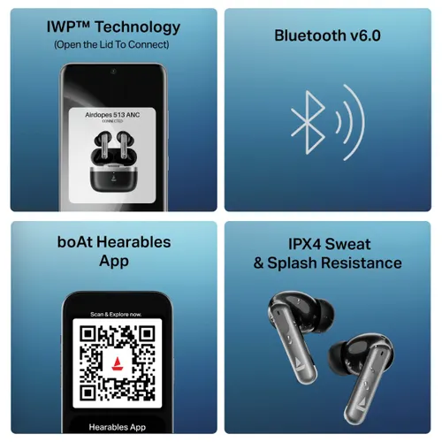 boAt Airdopes Prime 513 ANC TWS Earbuds | 32dB ANC | 65H Battery | AI-ENx Quad Mic | BT 6.0 | Multipoint (Carbon Black) - View 4