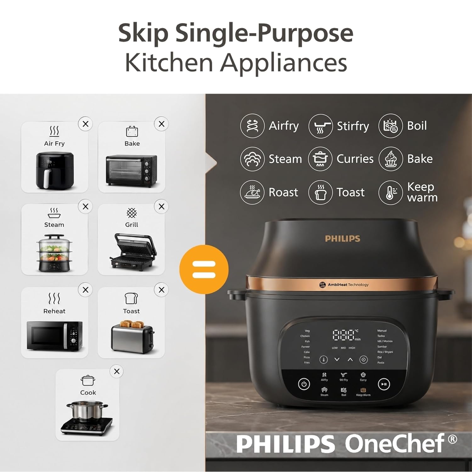 Philips OneChef 6L Smart All in One Cooking Device | 33-in-1 Functions (Air Fryer Oven, Stir Fry, Steam, Boil, Curry, Keep Warm &amp; More) | AmbiHeat Technology Perfect for Indian Recipes &amp; Biryani - View 8