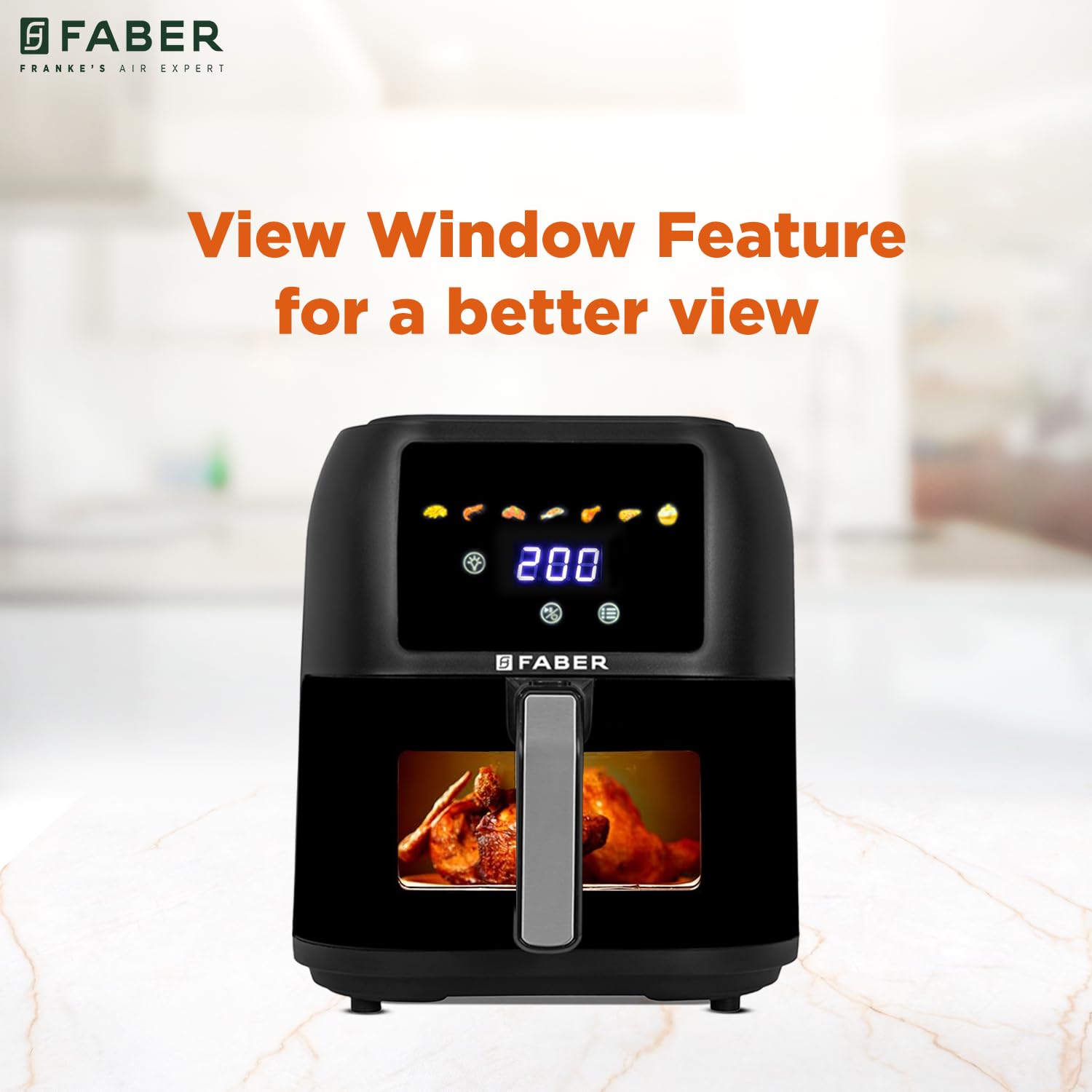Faber 8 L 1700W Digital Air Fryer | Fry, Bake, Roast | 85% Less Oil, 200°C Swirl Heating Technology | 7-Preset Menu, Touch Control Interface, View Window, Auto Shut-Off | Black - View 2
