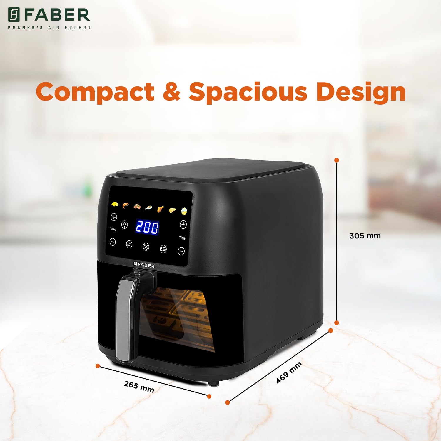 Faber 8 L 1700W Digital Air Fryer | Fry, Bake, Roast | 85% Less Oil, 200°C Swirl Heating Technology | 7-Preset Menu, Touch Control Interface, View Window, Auto Shut-Off | Black - View 4
