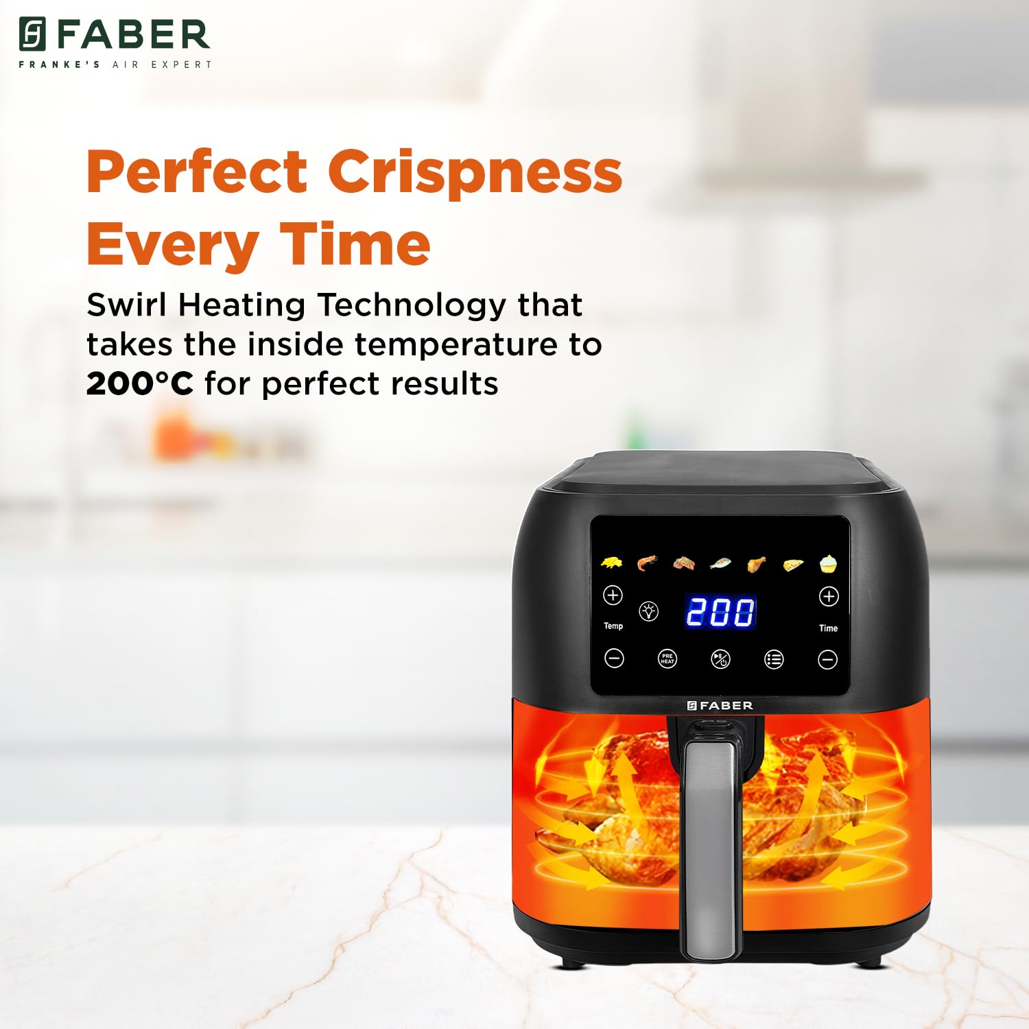 Faber 8 L 1700W Digital Air Fryer | Fry, Bake, Roast | 85% Less Oil, 200°C Swirl Heating Technology | 7-Preset Menu, Touch Control Interface, View Window, Auto Shut-Off | Black - View 6