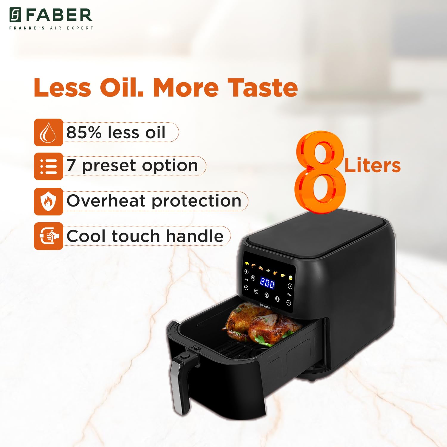 Faber 8 L 1700W Digital Air Fryer | Fry, Bake, Roast | 85% Less Oil, 200°C Swirl Heating Technology | 7-Preset Menu, Touch Control Interface, View Window, Auto Shut-Off | Black - View 7