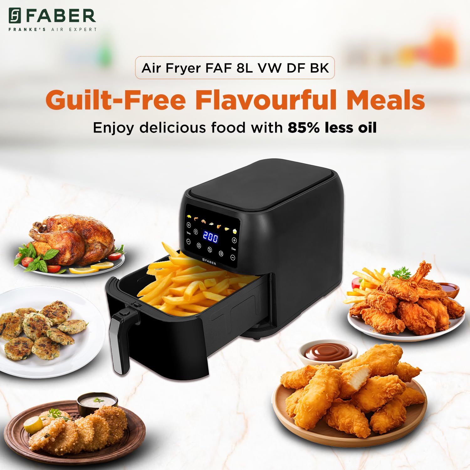 Faber 8 L 1700W Digital Air Fryer | Fry, Bake, Roast | 85% Less Oil, 200°C Swirl Heating Technology | 7-Preset Menu, Touch Control Interface, View Window, Auto Shut-Off | Black - View 9