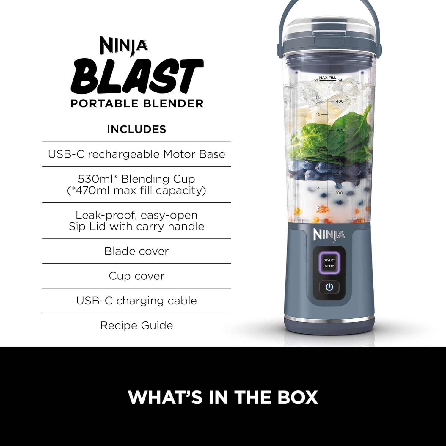 Ninja Blast Portable Cordless Blender (BC151INNV) – 530ml | USB-C Rechargeable | Crushes Ice & Frozen Fruit | BPA Free, Leak-Proof Travel Lid Denim Blue, Kitchen - View 3