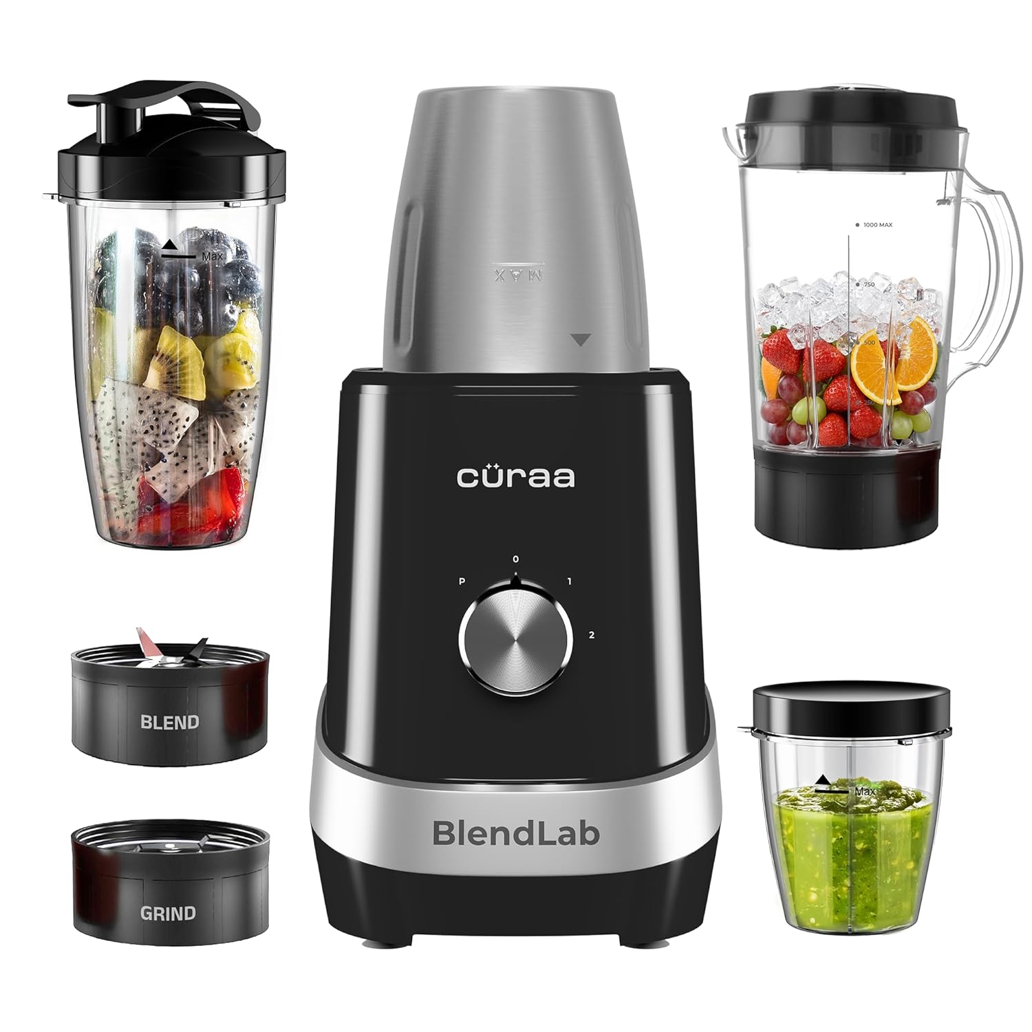 Cüraa BlendLab Mixer Grinder for kitchen 4 Jars 100% Copper Motor Stainless Steel Jar for Spice Grinding & Chutneys Compact Smoothie Blender Smoothies Maker 2 Year Warranty, 400w