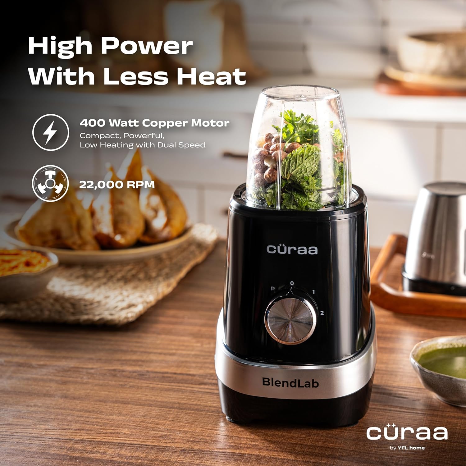 Cüraa BlendLab Mixer Grinder for kitchen 4 Jars 100% Copper Motor Stainless Steel Jar for Spice Grinding & Chutneys Compact Smoothie Blender Smoothies Maker 2 Year Warranty, 400w - View 3