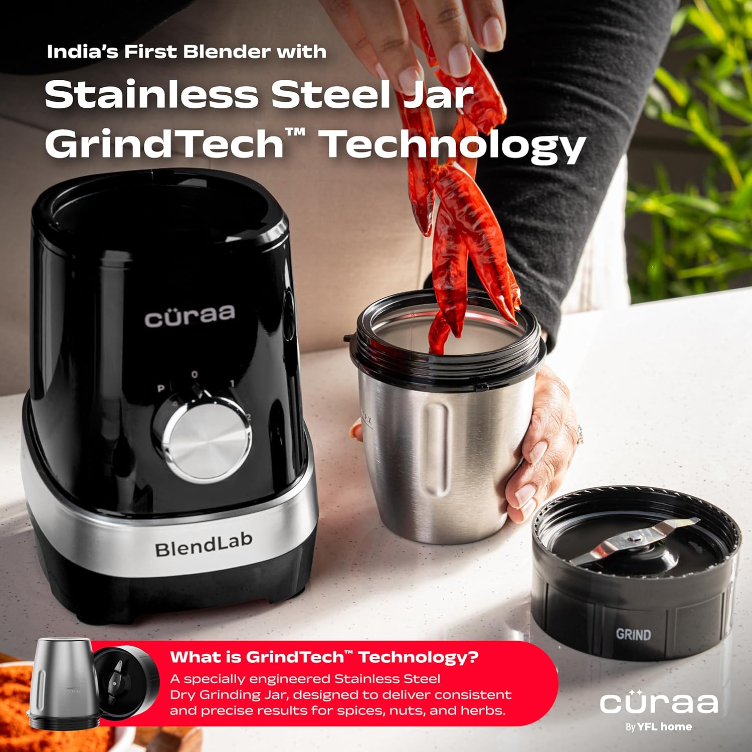 Cüraa BlendLab Mixer Grinder for kitchen 4 Jars 100% Copper Motor Stainless Steel Jar for Spice Grinding & Chutneys Compact Smoothie Blender Smoothies Maker 2 Year Warranty, 400w - View 5