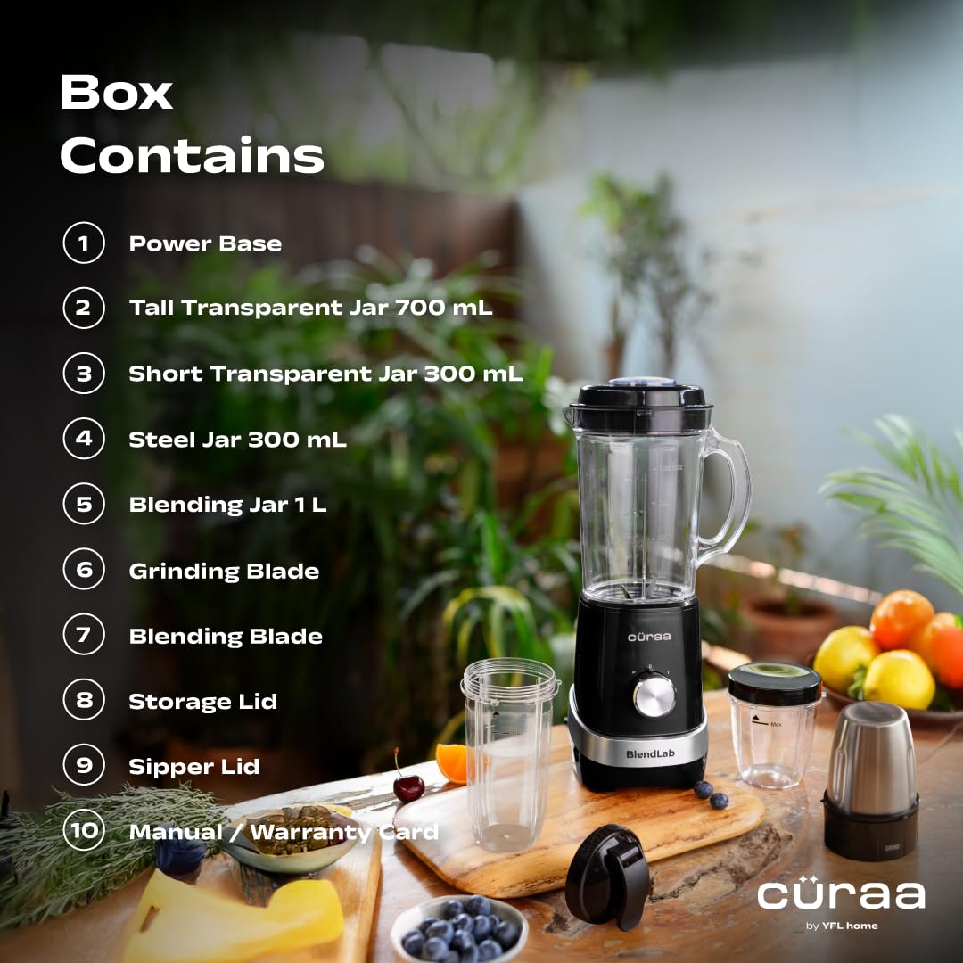 Cüraa BlendLab Mixer Grinder for kitchen 4 Jars 100% Copper Motor Stainless Steel Jar for Spice Grinding & Chutneys Compact Smoothie Blender Smoothies Maker 2 Year Warranty, 400w - View 8