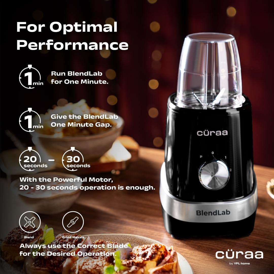 Cüraa BlendLab Mixer Grinder for kitchen 4 Jars 100% Copper Motor Stainless Steel Jar for Spice Grinding & Chutneys Compact Smoothie Blender Smoothies Maker 2 Year Warranty, 400w - View 9