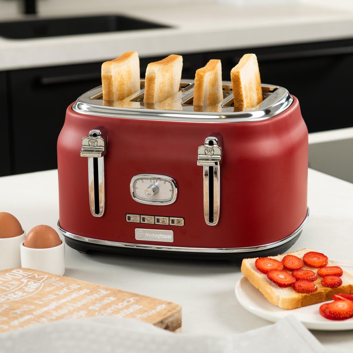 Westinghouse 4 Slice 1750 Watts Retro Toaster | Removable Bun Attachment, 6 Browning Levels, Bread Centring, Defrost, Warm-up & Stop Function, Extendable Crumb Tray | 2-Yr Warranty (Red) - View 3