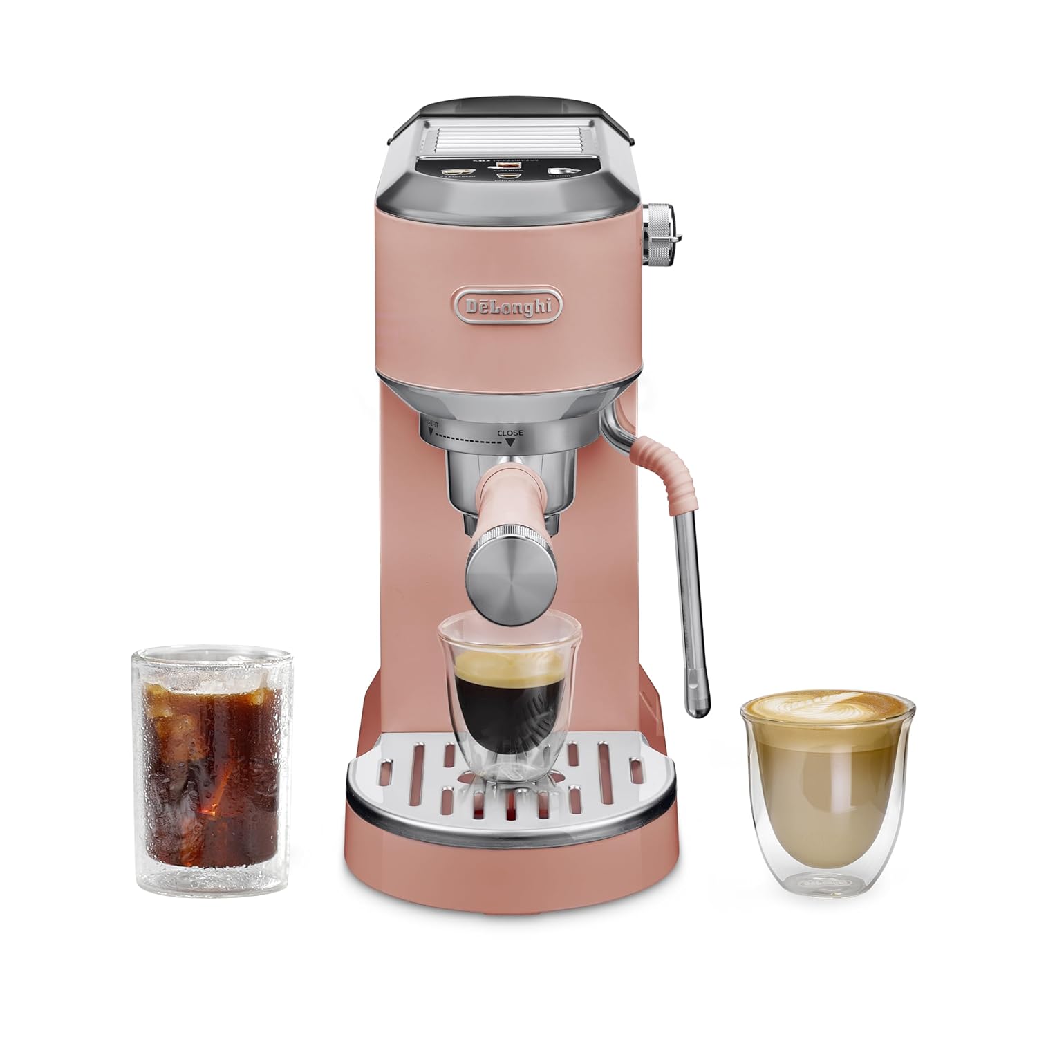 De’Longhi Dedica Duo Cold Brew Espresso Machine with Milk Frother, 15 Bar Pressure, Original Italian Barista Style Coffee Maker, Make Espresso, Latte, Cappuccino & Ice Coffee, Pistachio Pink, EC890PK