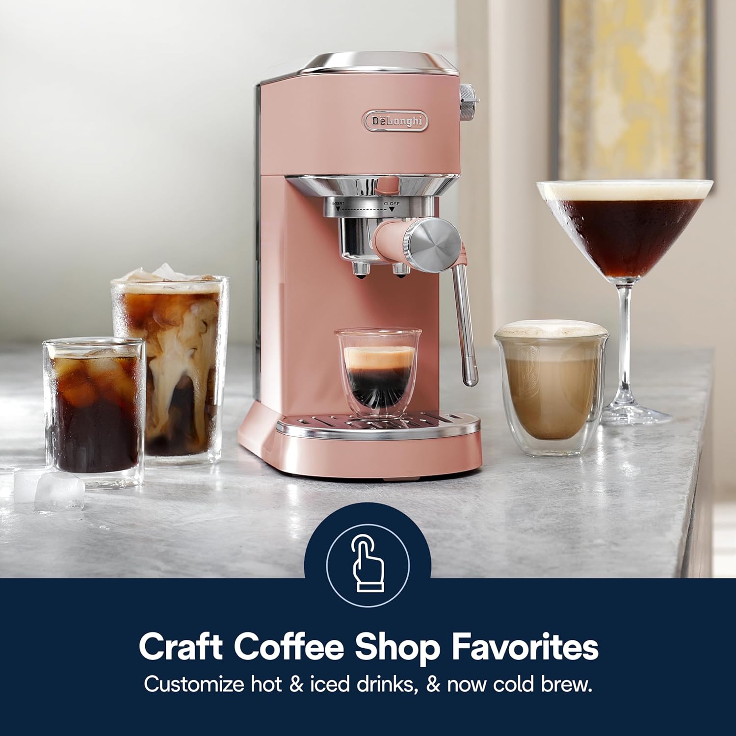 De’Longhi Dedica Duo Cold Brew Espresso Machine with Milk Frother, 15 Bar Pressure, Original Italian Barista Style Coffee Maker, Make Espresso, Latte, Cappuccino &amp; Ice Coffee, Pistachio Pink, EC890PK - View 3