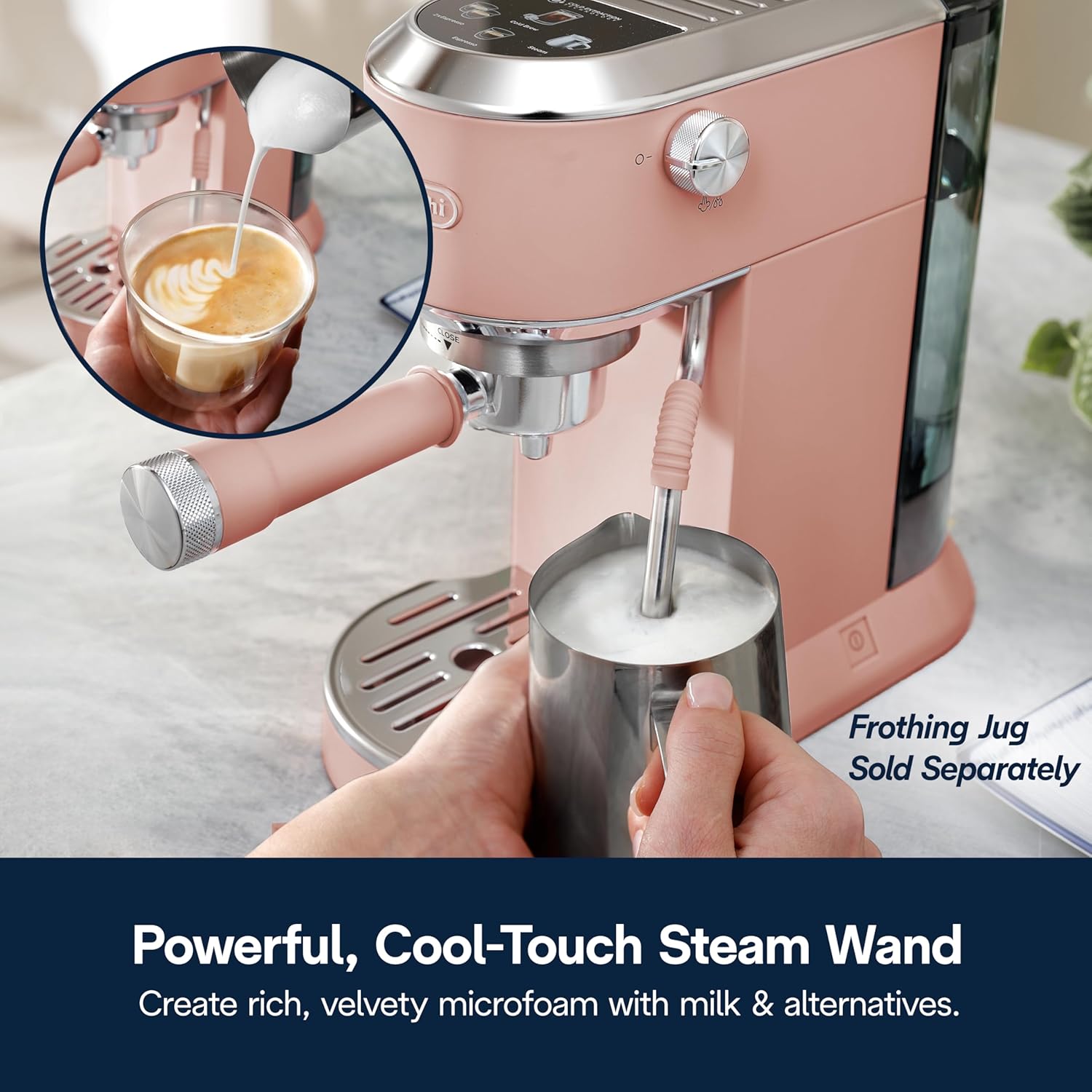 De’Longhi Dedica Duo Cold Brew Espresso Machine with Milk Frother, 15 Bar Pressure, Original Italian Barista Style Coffee Maker, Make Espresso, Latte, Cappuccino &amp; Ice Coffee, Pistachio Pink, EC890PK - View 6