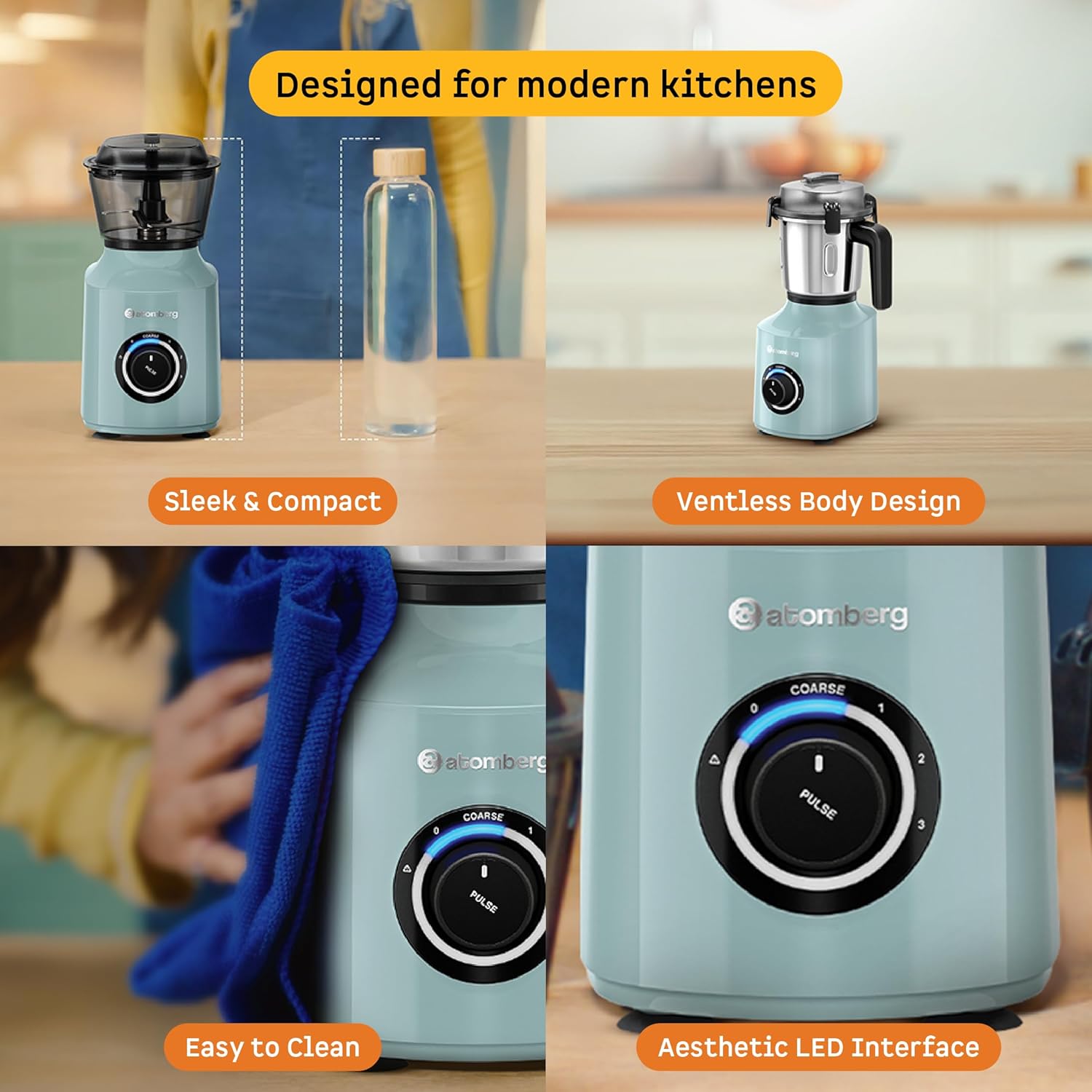 Atomberg Zenova Fresh Juicer Mixer Grinder | Coarse Mode for Silbatta-like Texture | Intelligent BLDC Motor | Safety Features |4 Jars including Chopper & Juicer Jar | Hands-Free Operation | Misty Teal - View 2