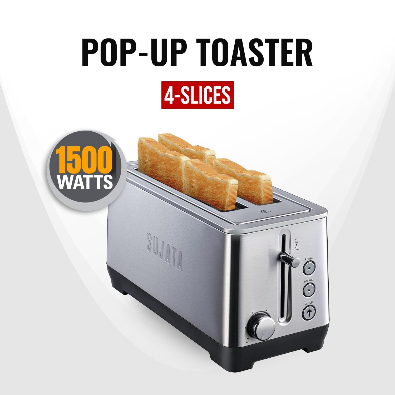 Sujata 1500 W Pop-up 4 Slice Stainless Steel PT12 Toaster | 7 Heating Modes | Cool Touch | Reheat and Defrost Function | High Lift Toast | Extra Wide Toast Slot - View 2