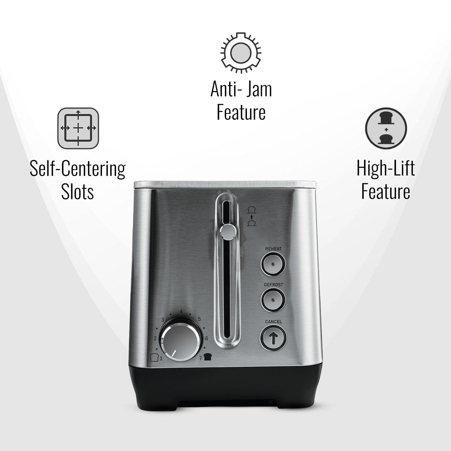 Sujata 1500 W Pop-up 4 Slice Stainless Steel PT12 Toaster | 7 Heating Modes | Cool Touch | Reheat and Defrost Function | High Lift Toast | Extra Wide Toast Slot - View 6