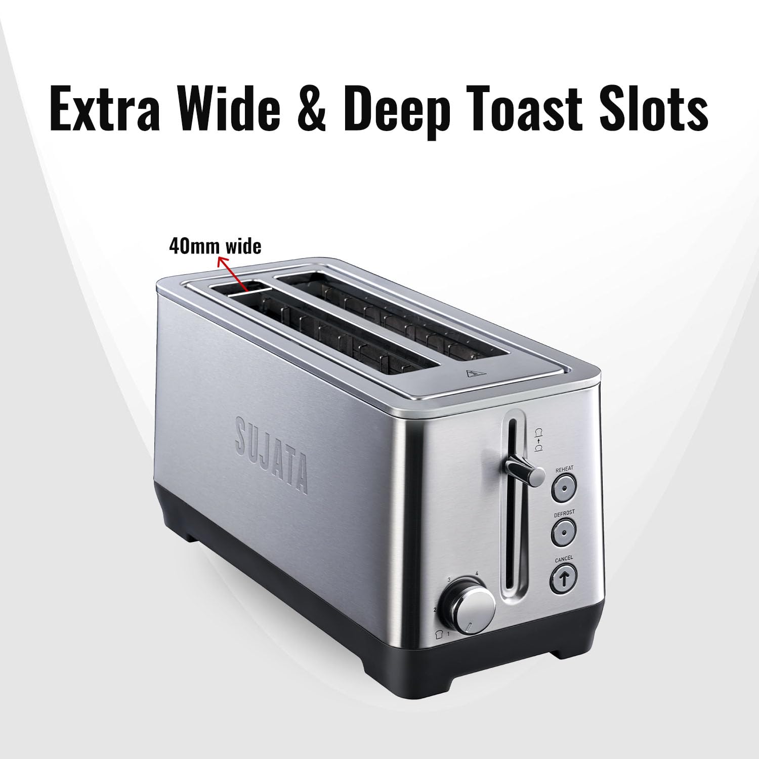 Sujata 1500 W Pop-up 4 Slice Stainless Steel PT12 Toaster | 7 Heating Modes | Cool Touch | Reheat and Defrost Function | High Lift Toast | Extra Wide Toast Slot - View 8