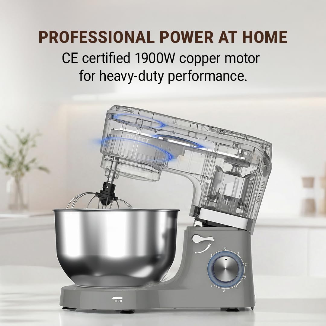 DYLECT® ArtiMix Stand Mixer for Home | 1900W Powerful Motor | 5.5L Removeable Bowl | 6 Speed + Fermentation Function | Dough Hook, Whisk, Beater &amp; Splash Guard | Anti-Skid Design | Robust Metal Gears - View 2