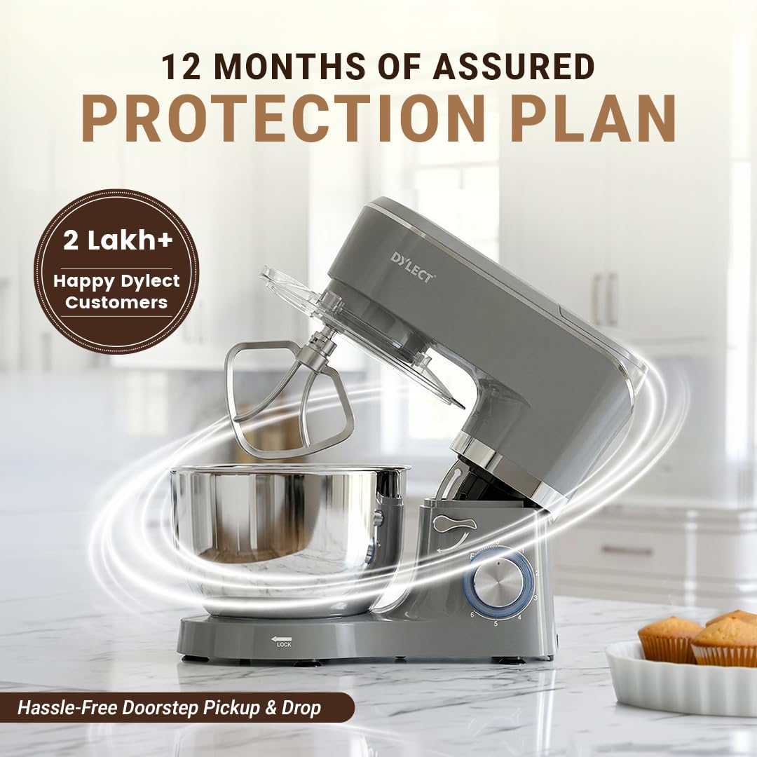 DYLECT® ArtiMix Stand Mixer for Home | 1900W Powerful Motor | 5.5L Removeable Bowl | 6 Speed + Fermentation Function | Dough Hook, Whisk, Beater &amp; Splash Guard | Anti-Skid Design | Robust Metal Gears - View 3