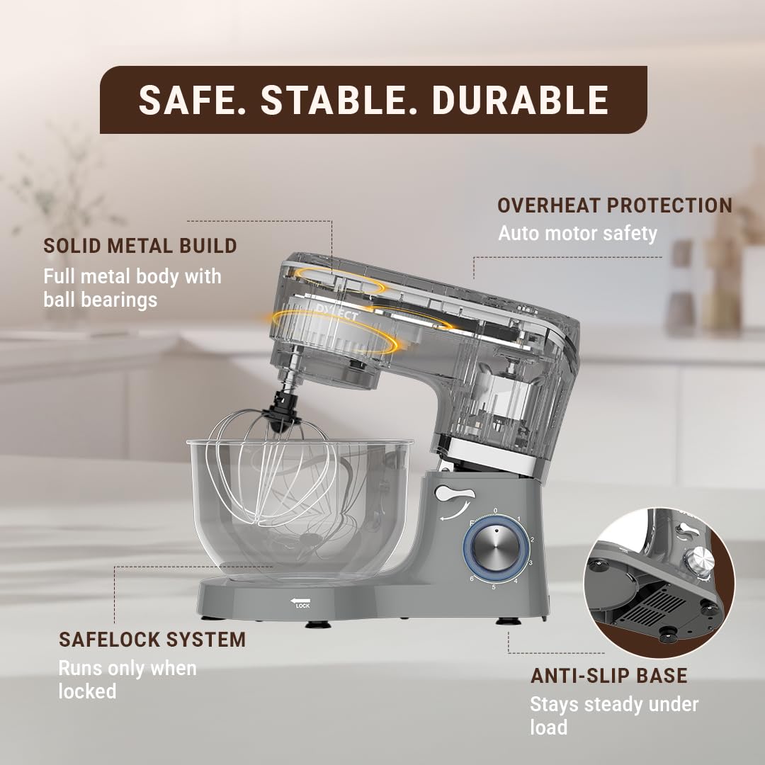 DYLECT® ArtiMix Stand Mixer for Home | 1900W Powerful Motor | 5.5L Removeable Bowl | 6 Speed + Fermentation Function | Dough Hook, Whisk, Beater &amp; Splash Guard | Anti-Skid Design | Robust Metal Gears - View 5