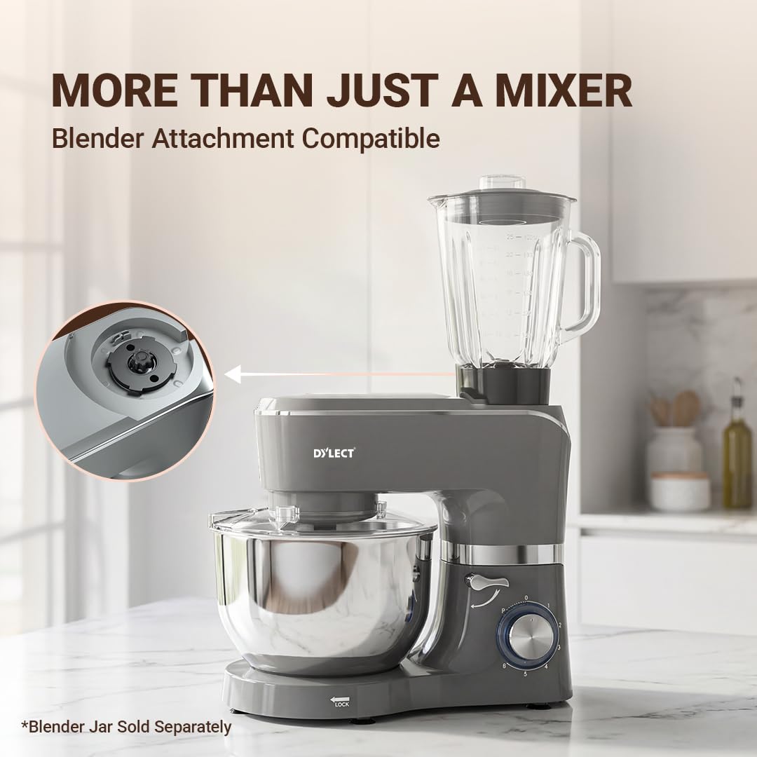 DYLECT® ArtiMix Stand Mixer for Home | 1900W Powerful Motor | 5.5L Removeable Bowl | 6 Speed + Fermentation Function | Dough Hook, Whisk, Beater &amp; Splash Guard | Anti-Skid Design | Robust Metal Gears - View 6
