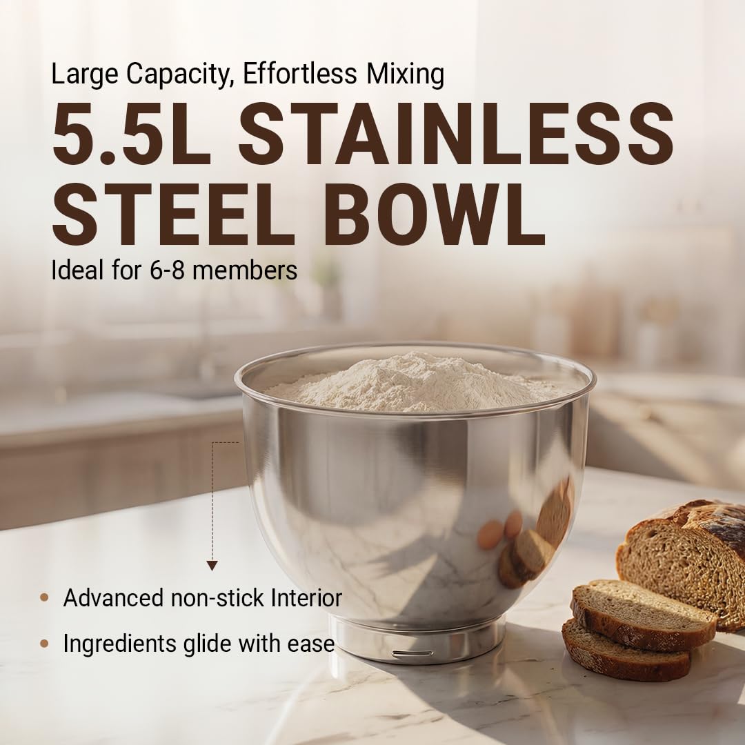 DYLECT® ArtiMix Stand Mixer for Home | 1900W Powerful Motor | 5.5L Removeable Bowl | 6 Speed + Fermentation Function | Dough Hook, Whisk, Beater &amp; Splash Guard | Anti-Skid Design | Robust Metal Gears - View 8